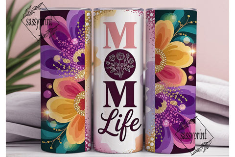 MOM life Floral Glitter Tumbler Wrap PNG Sublimation sassyprint 