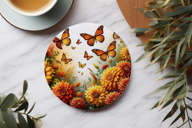 Monarch Butterfly Coaster, Dahlia Flowers Round Coaster PNG Sublimation BijouBay 