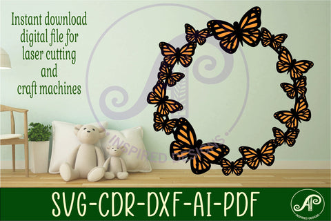 Monarch Butterfly wreath two layer wall art sign, SVG file SVG APInspireddesigns 