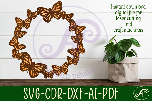 Monarch Butterfly wreath two layer wall art sign, SVG file SVG APInspireddesigns 