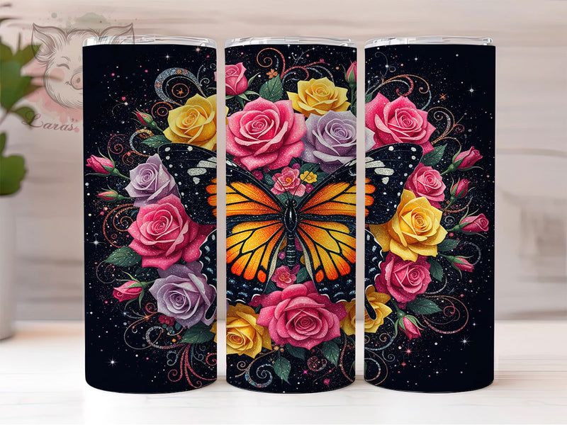 Monarch Glitter Rose Tumbler, Glitter Roses, Floral Art, Elegant Design, Nature Theme, 20Oz Tumbler, Sublimation Wrap Sublimation Lara' s Designs 