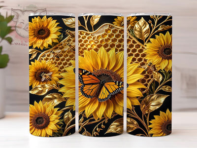Monarch Sunflower Honeybee 20oz Tumbler, Monarch Butterfly, Sunflower Motif, Honeybee Accent, Sublimation Wrap, 20oz Tumbler, Nature Aesthetic, Rustic Charm Sublimation Lara' s Designs 
