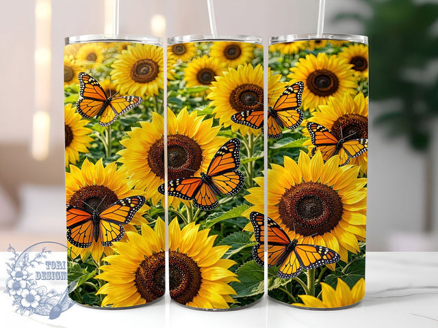 Monarchs on Golden Sunflowers 20oz Tumbler, Monarch Butterflies, Golden Sunflowers, Nature Theme, Sublimation Wrap, 20oz Tumbler, Whimsical Aesthetic, Garden Char Sublimation ToriDesigns 