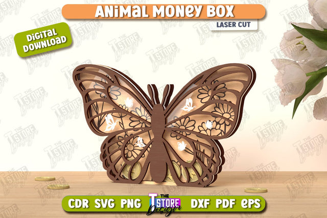 Money Box Laser Cut | Piggy Bank | Butterfly Shape | Coin Box | CNC File SVG The T Store Design 