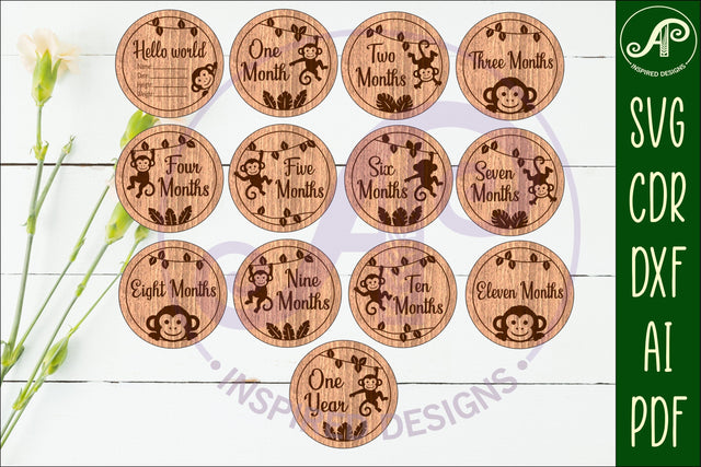 Monkey Baby monthly milestone discs SVG laser engraved SVG APInspireddesigns 