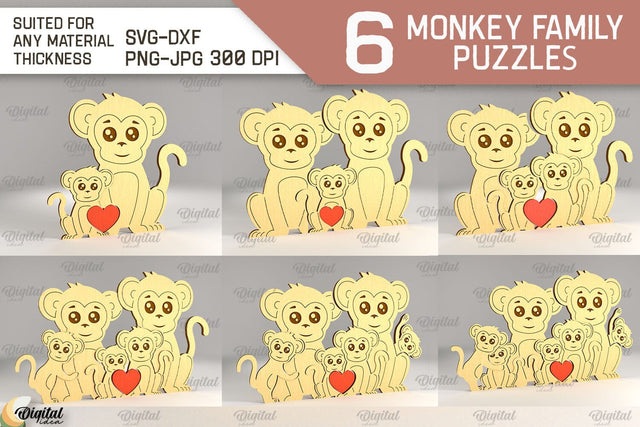 Monkey Family Puzzle SVG Bundle. Monkey Figurine Laser Cut SVG Evgenyia Guschina 