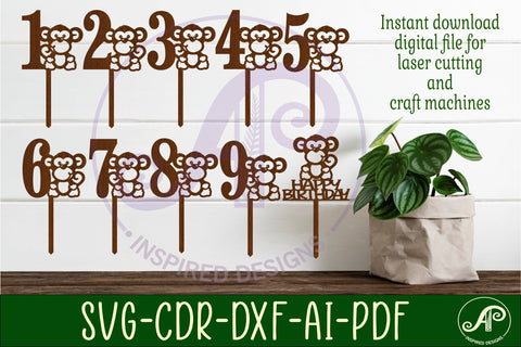 Monkey number cake toppers, 10 designs SVG laser cut SVG APInspireddesigns 
