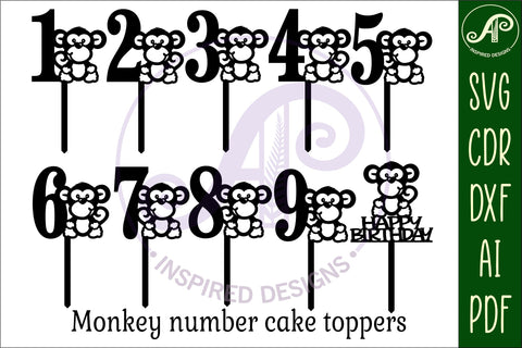 Monkey number cake toppers, 10 designs SVG laser cut SVG APInspireddesigns 