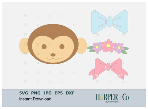Monkey with Bows and Flowers SVG PNG Cut EPS File SVG HarperNCo 