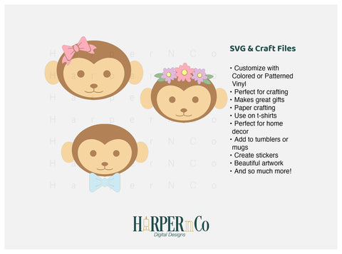 Monkey with Bows and Flowers SVG PNG Cut EPS File SVG HarperNCo 