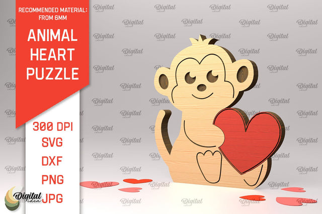Monkey Wooden Puzzle Laser Cut. Animal Heart Puzzle SVG SVG Evgenyia Guschina 