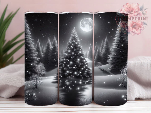 Monochrome Christmas Tumbler, Tree Lights Wrap, 20oz Tumbler Sublimation, Monochrome Holiday Design, Elegant Winter Lights Tumbler, Minimalist Christmas Sublimation, Festive B&W Wrap Sublimation Li Zamperini 