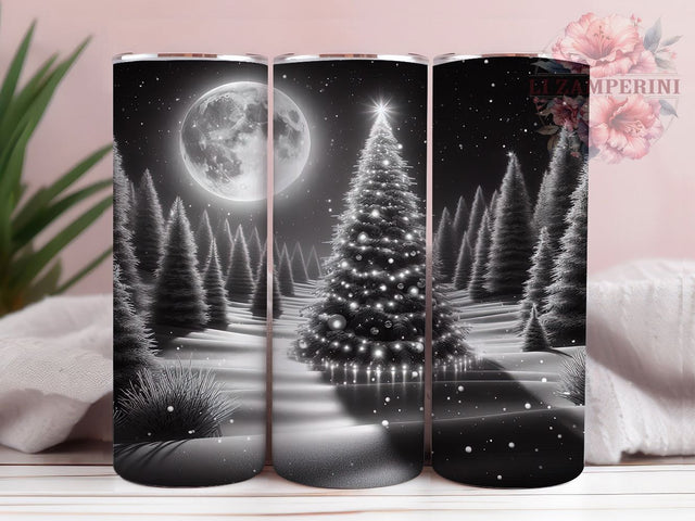 Monochrome Christmas Tumbler, Tree Lights Wrap, 20oz Tumbler Sublimation, Monochrome Holiday Design, Elegant Winter Lights Tumbler, Minimalist Christmas Sublimation, Festive B&W Wrap Sublimation Li Zamperini 