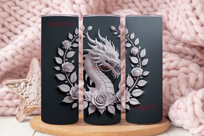 Monochrome Dragon Floral 20oz Tumbler Sublimation DesignSVG 