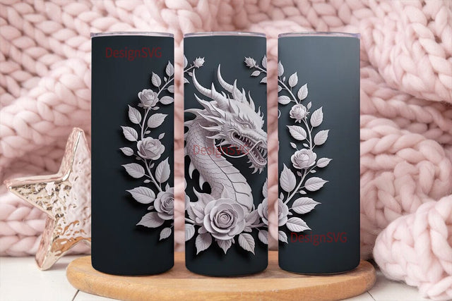 Monochrome Dragon Floral 20oz Tumbler Sublimation DesignSVG 