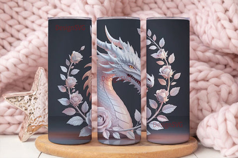 Monochrome Dragon Floral 20oz Tumbler Sublimation DesignSVG 