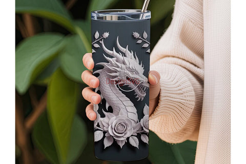 Monochrome Dragon Floral 20oz Tumbler Sublimation DesignSVG 