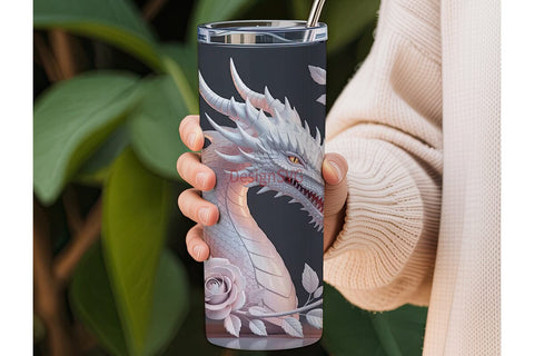Monochrome Dragon Floral 20oz Tumbler Sublimation DesignSVG 