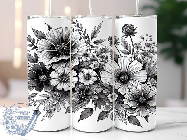 Monochrome Floral Tumbler Wrap, Black and White Flowers, Tumbler Wrap, Sublimation Design, Floral Art, Minimalist Decor, Elegant Gift, Monochrome Design Sublimation ToriDesigns 