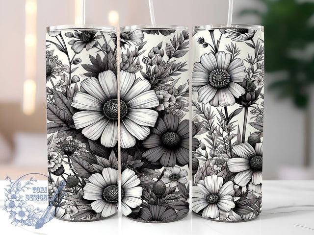 Monochrome Floral Tumbler Wrap, Black and White Flowers, Tumbler Wrap, Sublimation Design, Floral Art, Minimalist Decor, Elegant Gift, Monochrome Design Sublimation ToriDesigns 