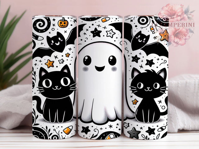 Monochrome Ghost & Cat Halloween Tumbler, Monochromatic Halloween, Candy Corn Wrap, Spooky Cat Design, Halloween Ghost Cup, 20oz Tumbler Wrap, Halloween Sublimation Sublimation Li Zamperini 