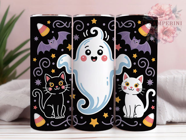 Monochrome Ghost & Cat Halloween Tumbler, Monochromatic Halloween, Candy Corn Wrap, Spooky Cat Design, Halloween Ghost Cup, 20oz Tumbler Wrap, Halloween Sublimation Sublimation Li Zamperini 