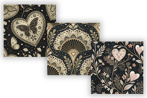 Monochrome Heart Lace Digital Pattern, Seamless Black Cream Bundle Pack, Printable Scrapbook Paper, Gothic Romantic Design Collection Digital Pattern FloridPrintables 