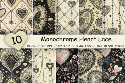Monochrome Heart Lace Digital Pattern, Seamless Black Cream Bundle Pack, Printable Scrapbook Paper, Gothic Romantic Design Collection Digital Pattern FloridPrintables 