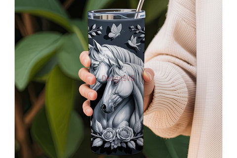 Monochrome Horse Floral 20oz Tumbler Sublimation DesignSVG 