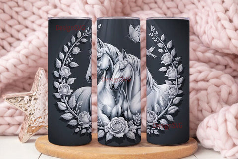 Monochrome Horse Floral 20oz Tumbler Sublimation DesignSVG 