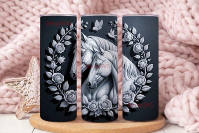 Monochrome Horse Floral 20oz Tumbler Sublimation DesignSVG 