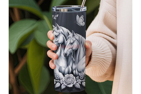 Monochrome Horse Floral 20oz Tumbler Sublimation DesignSVG 