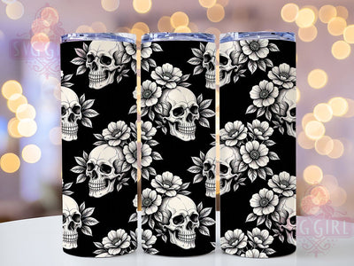 Monochrome Skull Blossom Glow 20oz Tumbler, Skull Motif, Blossom Accent, Monochrome Theme, Glow Art Design, Gothic Flair, Sublimation Wrap, 20oz Tumbler Sublimation SvggirlplusArt 