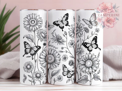 Monochrome Sunflower Butterfly Tumbler, Black White Tumbler, Elegant Floral Wrap, Whimsical Butterfly Wrap, Artistic Monochrome Wrap, Sublimation Design, Trendy Gift Idea Sublimation Li Zamperini 