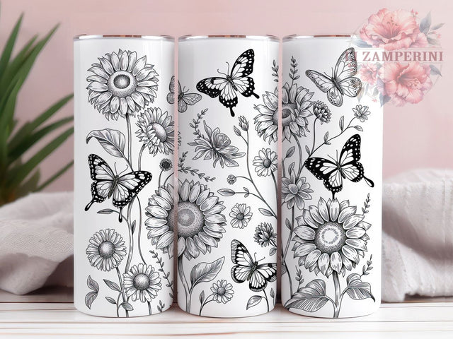 Monochrome Sunflower Butterfly Tumbler, Black White Tumbler, Elegant Floral Wrap, Whimsical Butterfly Wrap, Artistic Monochrome Wrap, Sublimation Design, Trendy Gift Idea Sublimation Li Zamperini 