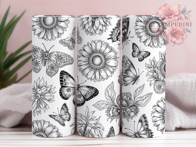 Monochrome Sunflower Butterfly Tumbler, Black White Tumbler, Elegant Floral Wrap, Whimsical Butterfly Wrap, Artistic Monochrome Wrap, Sublimation Design, Trendy Gift Idea Sublimation Li Zamperini 