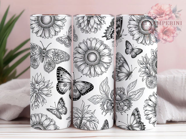 Monochrome Sunflower Butterfly Tumbler, Black White Tumbler, Elegant Floral Wrap, Whimsical Butterfly Wrap, Artistic Monochrome Wrap, Sublimation Design, Trendy Gift Idea Sublimation Li Zamperini 