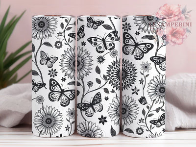 Monochrome Sunflower Butterfly Tumbler, Black White Tumbler, Elegant Floral Wrap, Whimsical Butterfly Wrap, Artistic Monochrome Wrap, Sublimation Design, Trendy Gift Idea Sublimation Li Zamperini 