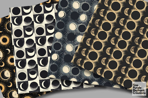 Monochrome Total Solar Eclipse Digital Paper | Cosmic Celestial Digital Pattern Fine Purple Elephant Creations 