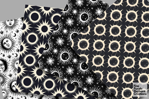 Monochrome Total Solar Eclipse Digital Paper | Cosmic Celestial Digital Pattern Fine Purple Elephant Creations 