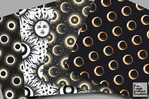 Monochrome Total Solar Eclipse Digital Paper | Cosmic Celestial Digital Pattern Fine Purple Elephant Creations 