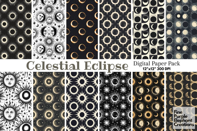 Monochrome Total Solar Eclipse Digital Paper | Cosmic Celestial Digital Pattern Fine Purple Elephant Creations 