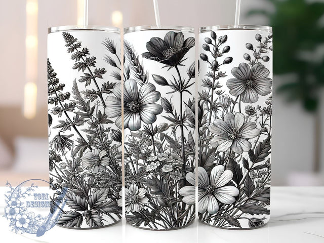Monochrome Wildflower 20oz Spring Tumbler, Black and White Tumbler, Wildflower Drinkware, 20oz Sublimation, Spring Floral Cup, Monochrome Design Tumbler, Nature Inspired Wrap Sublimation ToriDesigns 