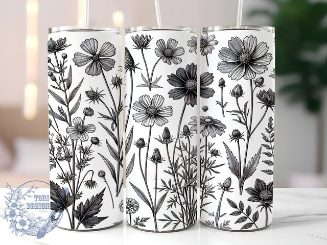 Monochrome Wildflower 20oz Spring Tumbler, Black and White Tumbler, Wildflower Drinkware, 20oz Sublimation, Spring Floral Cup, Monochrome Design Tumbler, Nature Inspired Wrap Sublimation ToriDesigns 