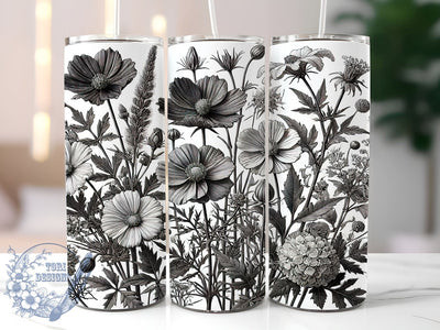 Monochrome Wildflower 20oz Spring Tumbler, Black and White Tumbler, Wildflower Drinkware, 20oz Sublimation, Spring Floral Cup, Monochrome Design Tumbler, Nature Inspired Wrap Sublimation ToriDesigns 