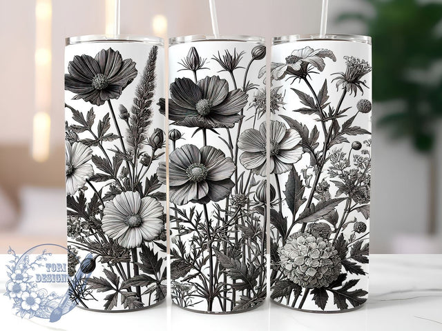 Monochrome Wildflower 20oz Spring Tumbler, Black and White Tumbler, Wildflower Drinkware, 20oz Sublimation, Spring Floral Cup, Monochrome Design Tumbler, Nature Inspired Wrap Sublimation ToriDesigns 
