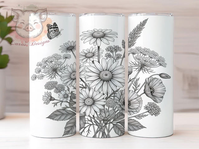 Monochrome Wildflower Botanical Tumbler, B&W Design Art, Wildflower Pattern, Modern Flower Gift, Simple Nature Art, Classic Tumbler, Botanical Design Sublimation Lara' s Designs 