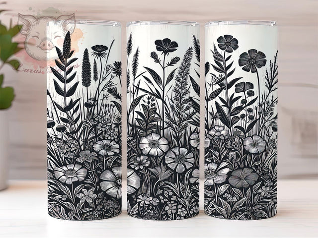 Monochrome Wildflower Botanical Tumbler, Monochrome Design, Floral Bundle Gift, Black White Pattern, Botanical Tumbler, Modern Flower Wrap, Nature Art Design Sublimation Lara' s Designs 