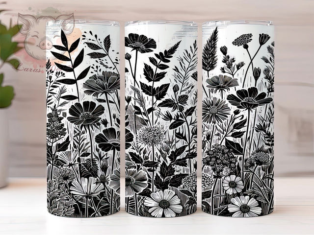 Monochrome Wildflower Botanical Tumbler, Monochrome Design, Floral Bundle Gift, Black White Pattern, Botanical Tumbler, Modern Flower Wrap, Nature Art Design Sublimation Lara' s Designs 