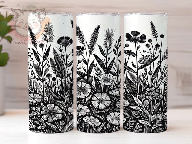 Monochrome Wildflower Botanical Tumbler, Monochrome Design, Floral Bundle Gift, Black White Pattern, Botanical Tumbler, Modern Flower Wrap, Nature Art Design Sublimation Lara' s Designs 